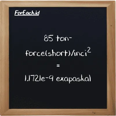 85 ton-force(short)/inci<sup>2</sup> setara dengan 1.1721e-9 exapaskal (85 tf/in<sup>2</sup> setara dengan 1.1721e-9 EPa)